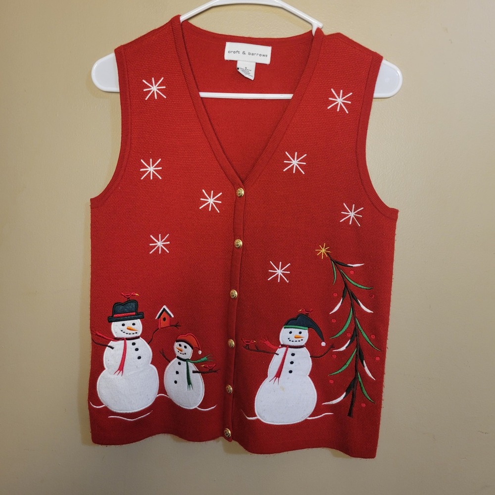 Croft & Barrow Christmas Sweater Vest Womens S Red Excellent Snowman Holiday
